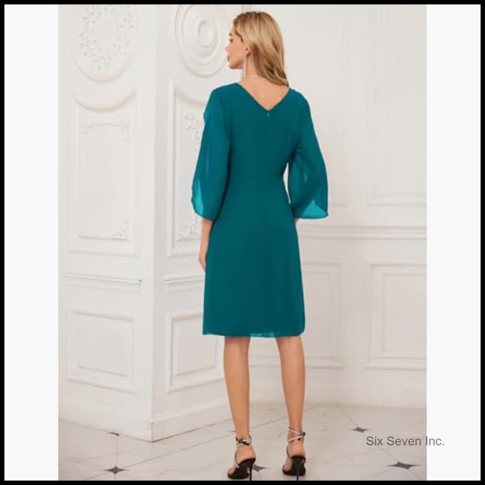 Chiffon Cocktail Dress with 3/4 Petal Sleeves and V-Back - Picture 2 of 7